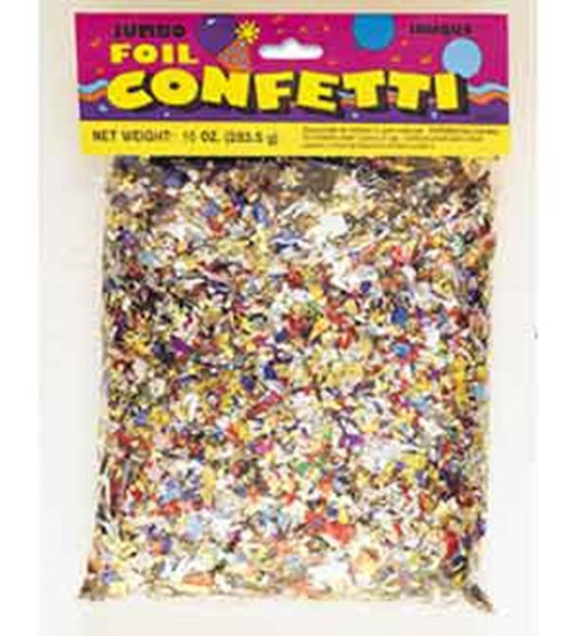Clear bag filled with multicolored jumbo foil confetti in shiny metallic red, gold, silver, purple, and blue pieces.