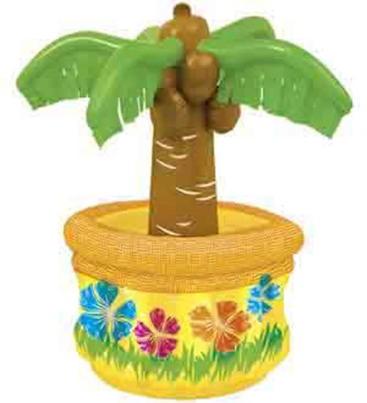 Inflatable cooler shaped like a tropical palm tree with brown trunk and green leaves, surrounded by a yellow base decorated.