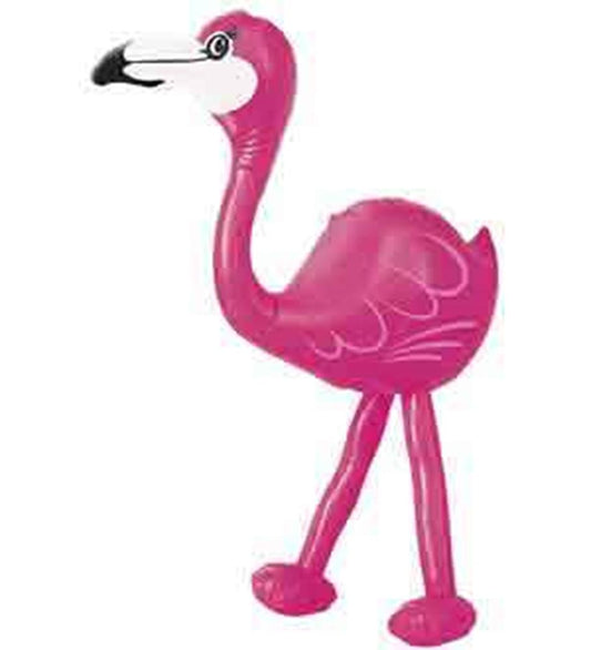 Bright pink inflatable flamingo with black and white beak and long thin legs.