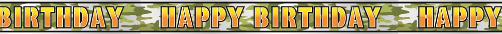 Camouflage foil banner spelling "Happy Birthday" in yellow and green letters with bold black outline.