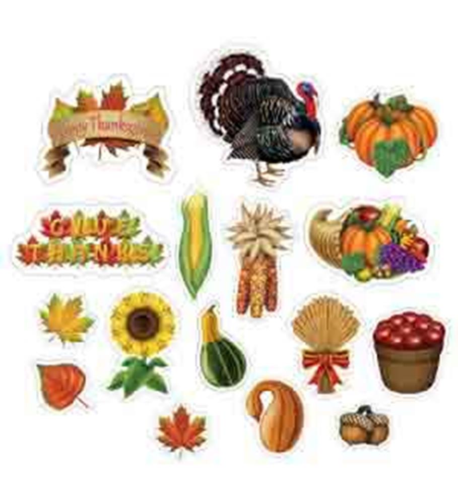 Colorful Thanksgiving cutouts including turkey, pumpkin, corn, acorns, sunflower, pie, autumn leaves, and harvest.