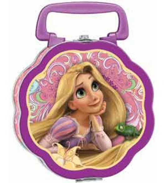 Purple scalloped metal box with handle featuring Rapunzel and Pascal from Disney's Tangled.