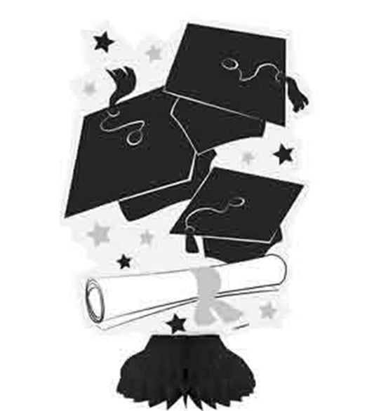 Three black 8-inch honeycomb tissue paper decorations shaped like graduation caps, with a white paper scroll and scattered.