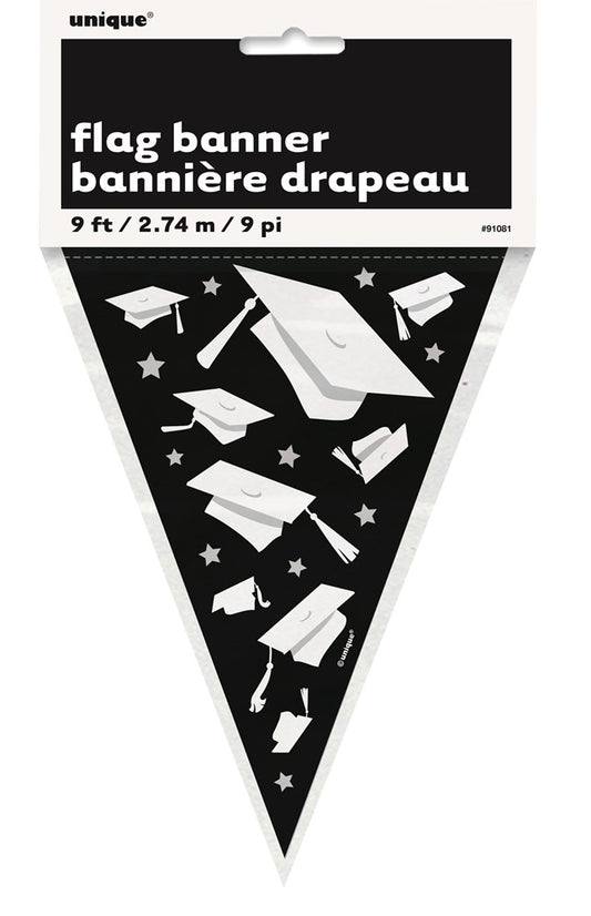 Black triangular flag banner with white graduation caps and stars pattern, 9 feet long.