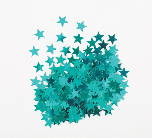 Teal metallic star-shaped confetti pieces scattered on a white background.