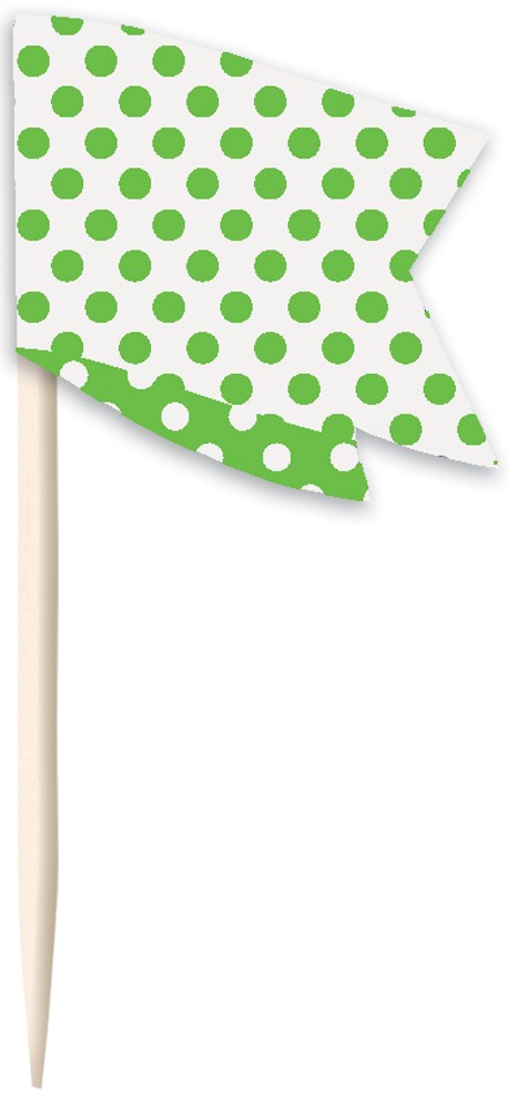 Lime green polka dot cupcake pick with white background and pointed flag shape on wooden stick.