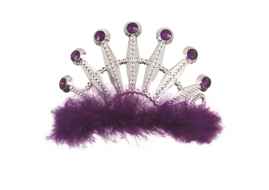 Silver tiara with purple gemstones and fluffy purple feather trim at the base.