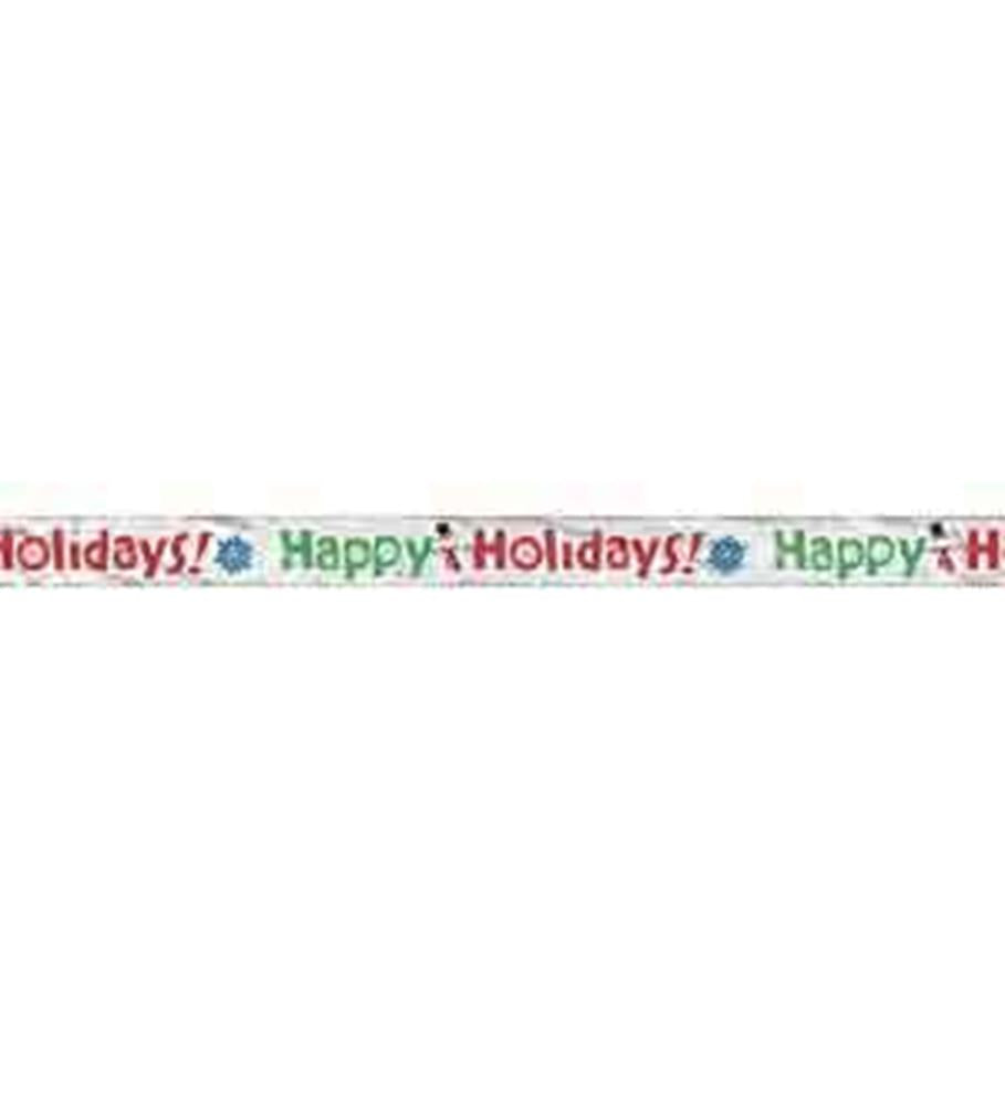 9ft foil banner with "Happy Holidays!" text in red, green, and blue, featuring festive icons.
