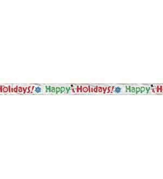 9ft foil banner with "Happy Holidays!" text in red, green, and blue, featuring festive icons.
