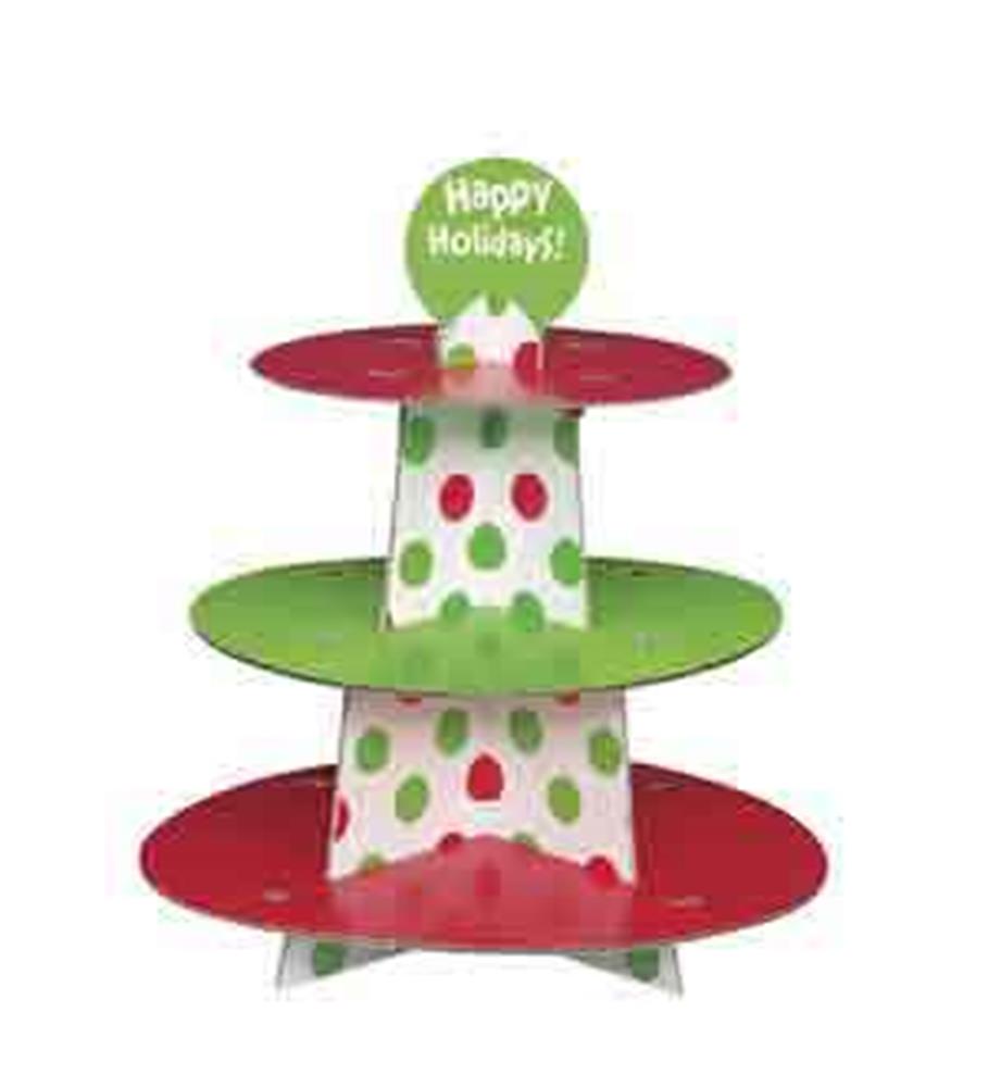 Three-tier cupcake stand with red and green circular trays and white central support decorated with red and green polka.