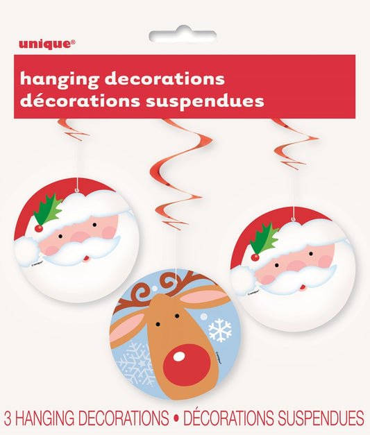 Three 26-inch hanging swirl decorations featuring two Santa faces with rosy cheeks and holly leaves, and one reindeer with a