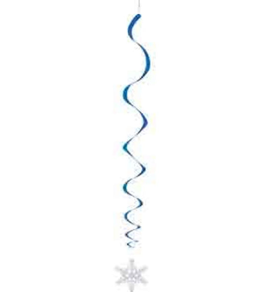Blue metallic spiral hanging decoration with a white snowflake pendant at the bottom.