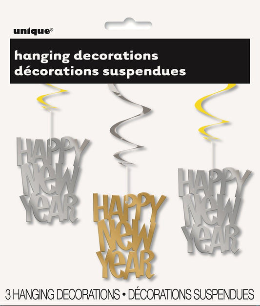 Three 26-inch hanging swirl decorations in gold, silver, and yellow with "Happy New Year" cutouts.