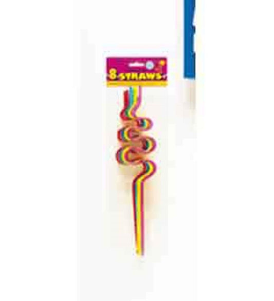 Set of eight colorful plastic 12-inch straws with whimsical squiggly twist design.