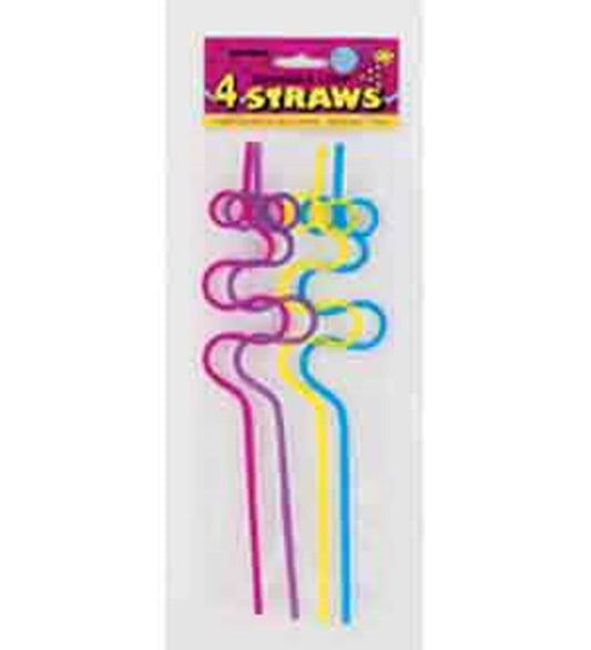 Set of four plastic 12-inch straws in pink, purple, yellow, and blue with squiggly twist design.