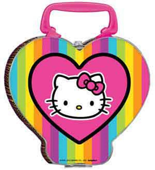 Heart-shaped metal box with vertical rainbow stripes and a pink center featuring Hello Kitty's face, topped with a pink.
