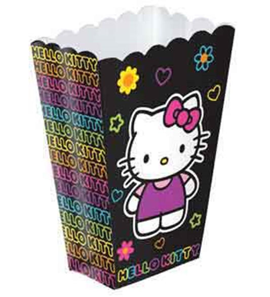 Black scalloped-edge favor container with colorful "Hello Kitty" text and Hello Kitty character wearing a purple dress and.