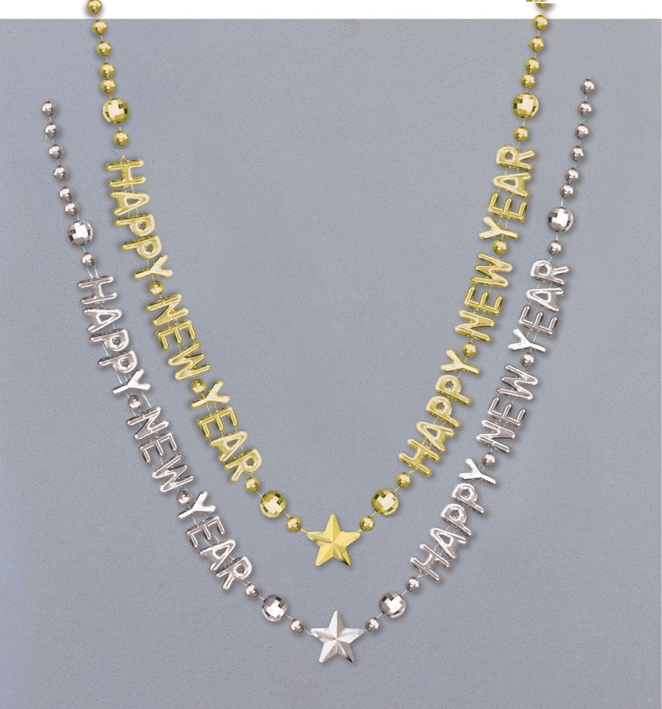 Assorted gold and silver 28-inch bead necklaces with “Happy New Year” text and star charms.