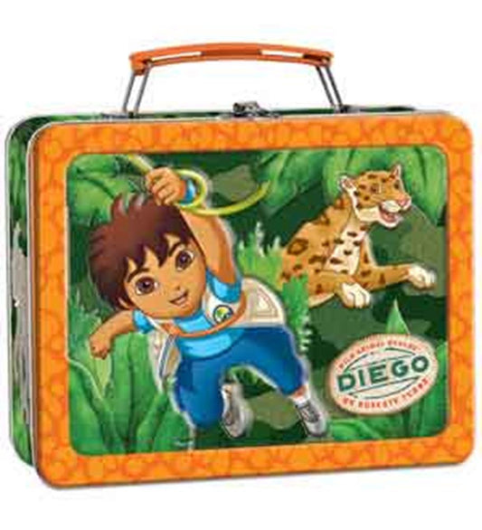 Rectangular orange metal lunchbox with rounded edges, featuring cartoon character Diego swinging on a vine in a jungle.