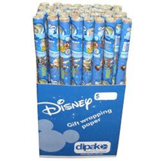 Rolls of blue Disney Toy Story-themed gift wrap in a blue display box with white text and Mickey Mouse silhouette.