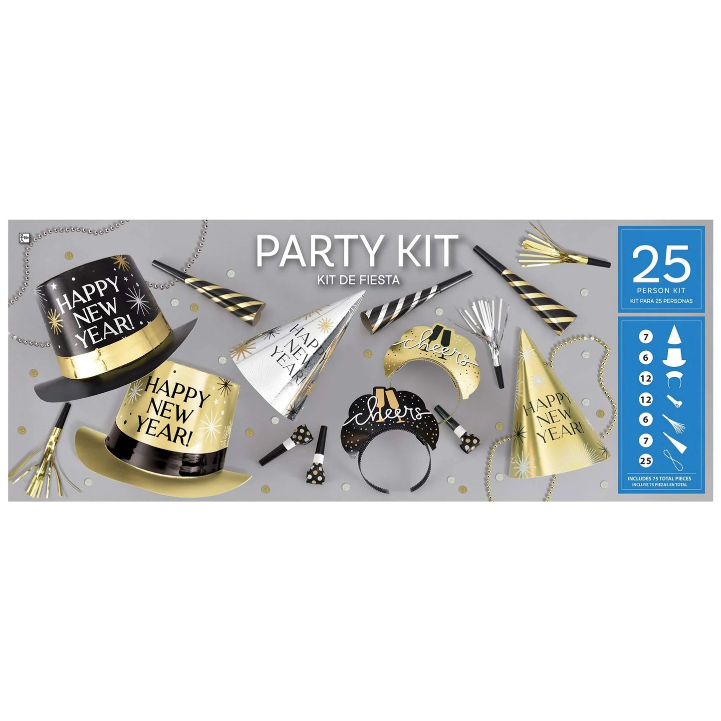 Black, silver, and gold New Year's Eve party kit for 25 with hats, noisemakers, crowns, and blowouts.