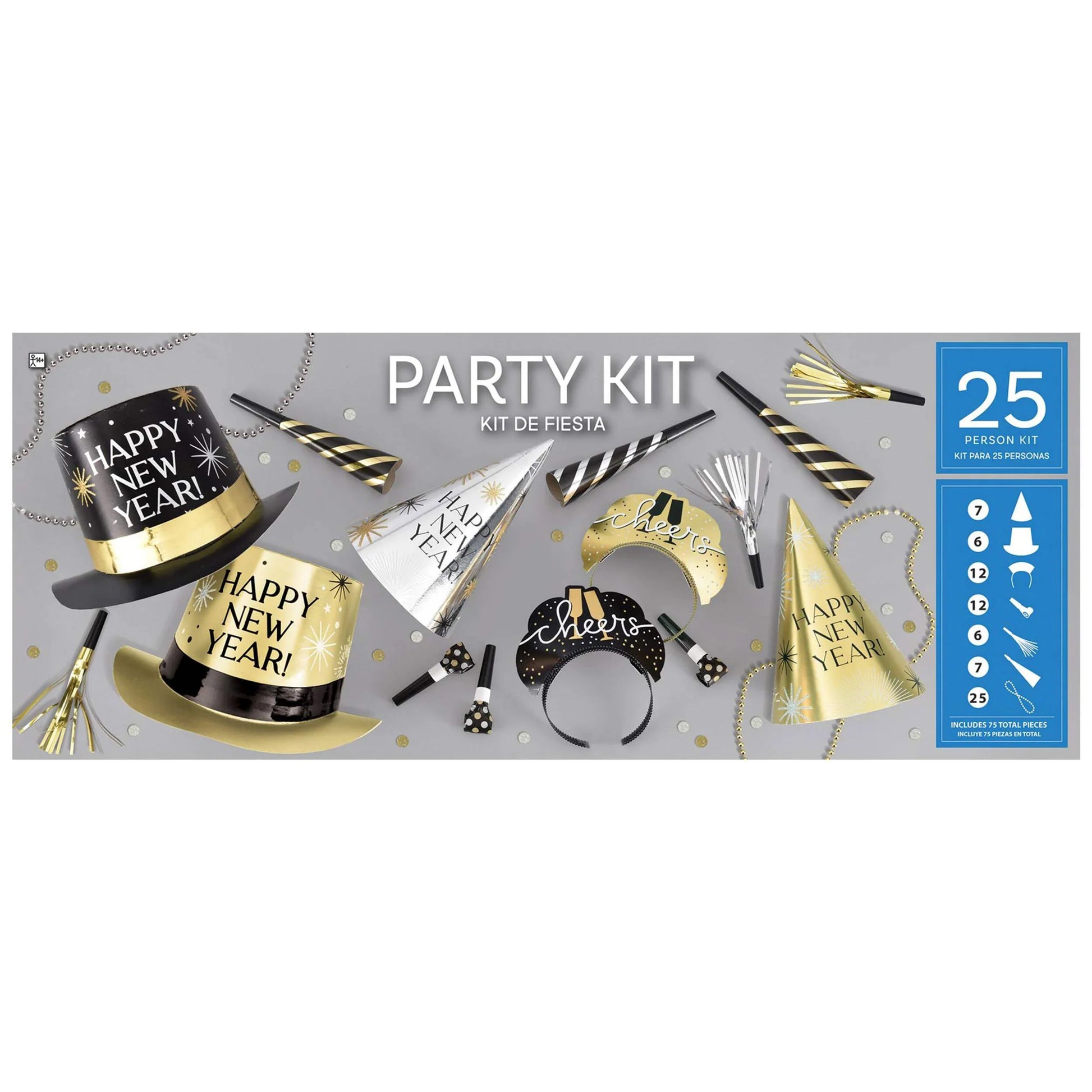 Black, silver, and gold New Year's Eve party kit for 25 with hats, noisemakers, crowns, and blowouts.