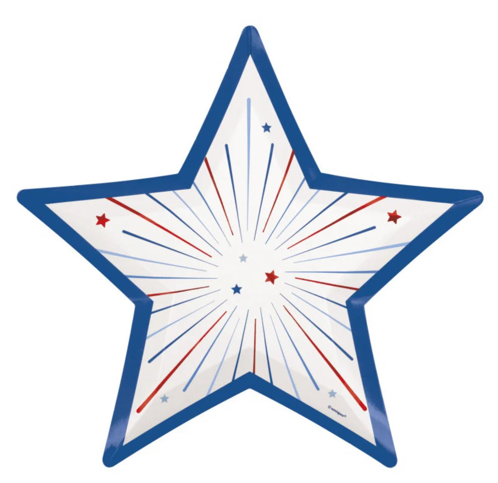 Star-shaped paper plate with blue border, white center, and red and blue starburst pattern.
