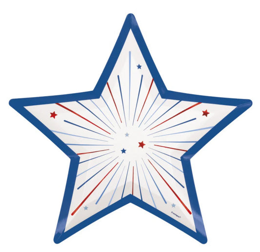 Star-shaped paper plate with blue border, white center, and red and blue starburst pattern.