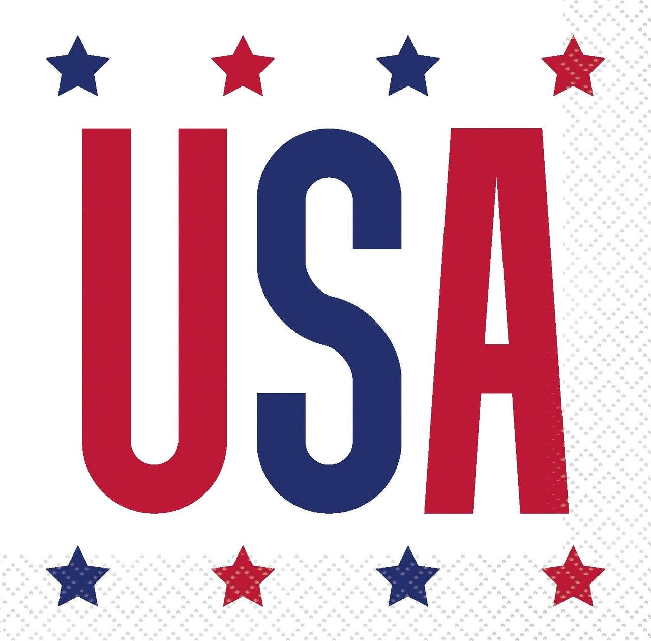 White beverage napkin with large red and blue "USA" letters and red and blue stars on top and bottom edges.