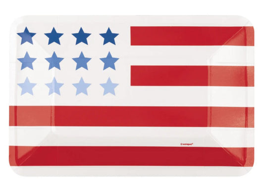 Rectangular plastic plate with red and white stripes and blue stars in the top left corner, patriotic USA design.