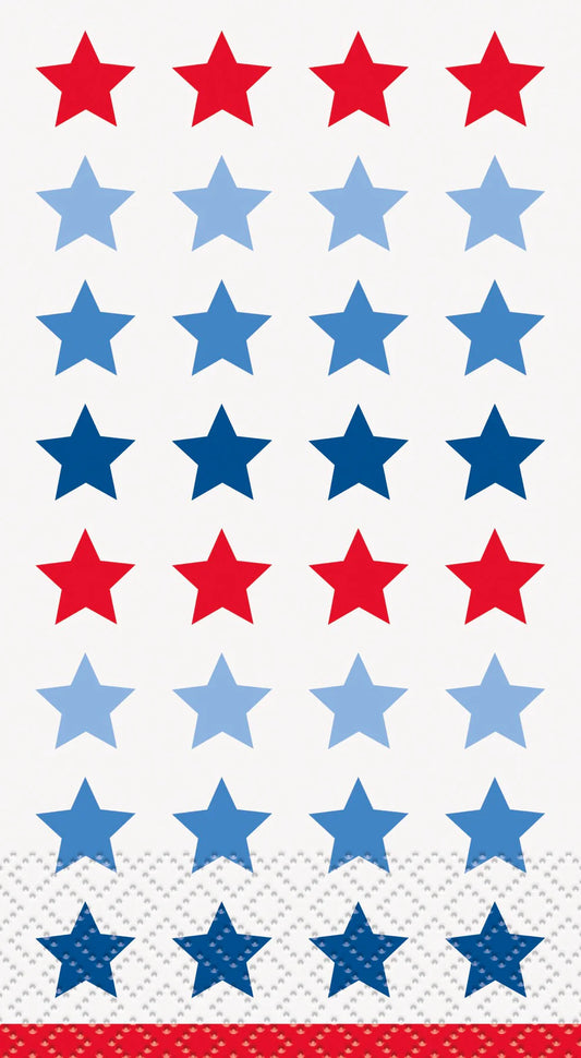 Pack of 16 USA-shaped guest napkins with red, white, and blue star patterns on textured white paper.