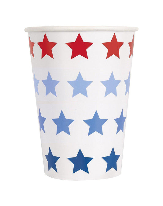 White 12oz paper cup with red, light blue, and dark blue stars in horizontal rows.