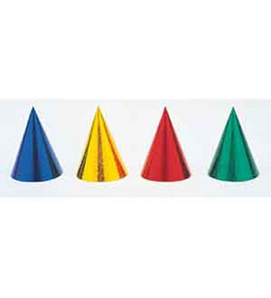 Set of four cone-shaped party hats in shiny blue, yellow, red, and green colors with a prismatic finish.