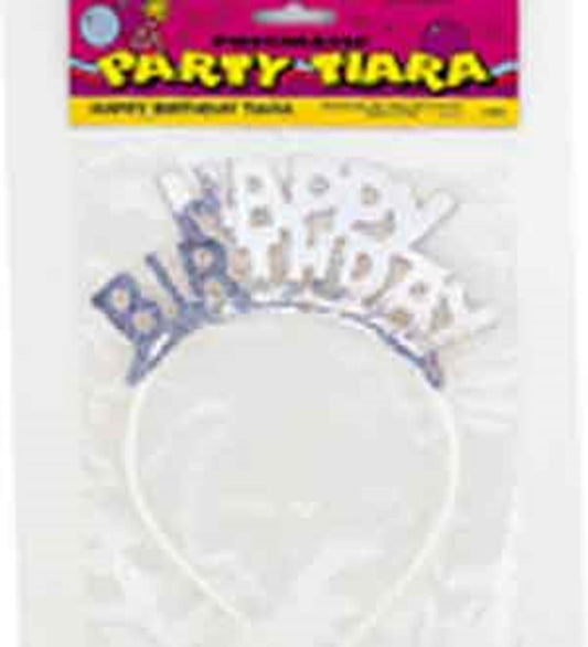 White plastic birthday tiara with holographic "Happy Birthday" lettering on a thin band.