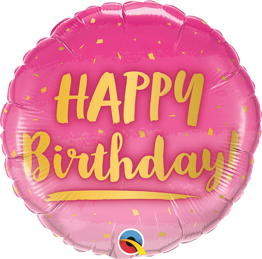 Round pink foil balloon with "Happy Birthday" in large gold letters and scattered gold confetti design.
