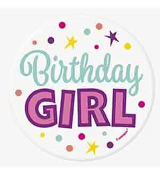 White round button with colorful confetti and stars, teal "Birthday" and purple "GIRL" text.