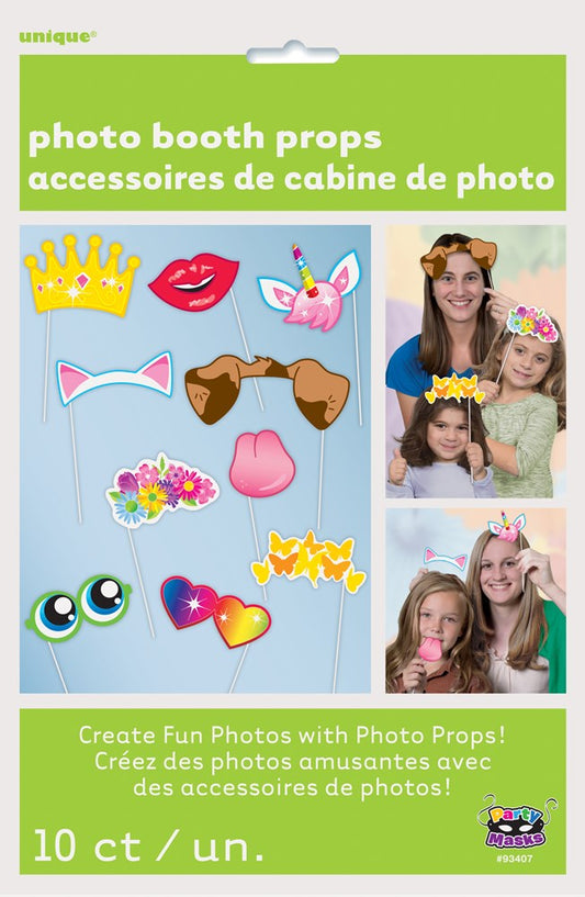 Colorful selfie photo booth props including crown, lips, unicorn horn, bow tie, flowers, glasses, hearts, and stars on.