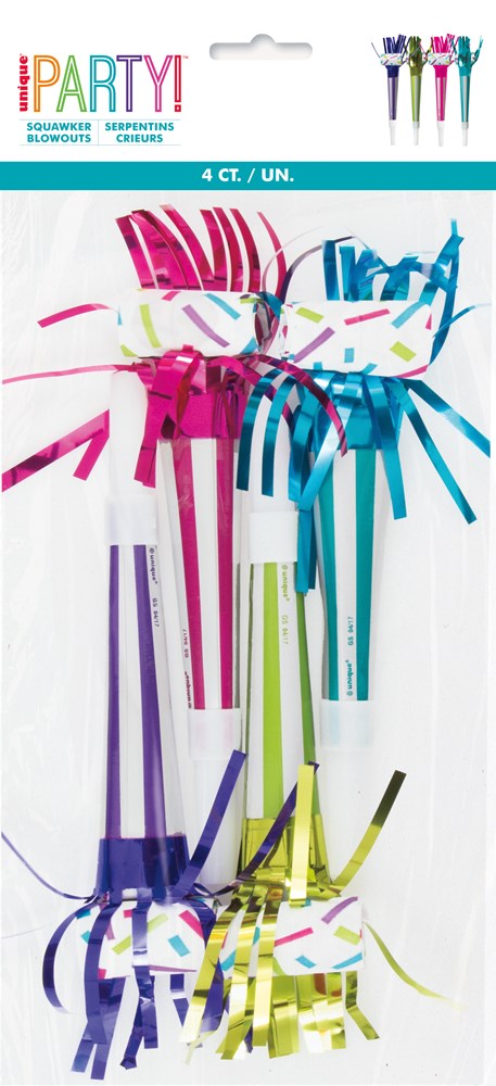 Four colorful party blowouts with fringed ends in pink, purple, blue, and green, each with white sticks and matching bows at