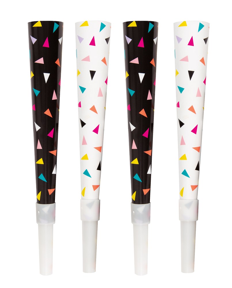Set of confetti print party horns in black and white with colorful triangular confetti patterns.