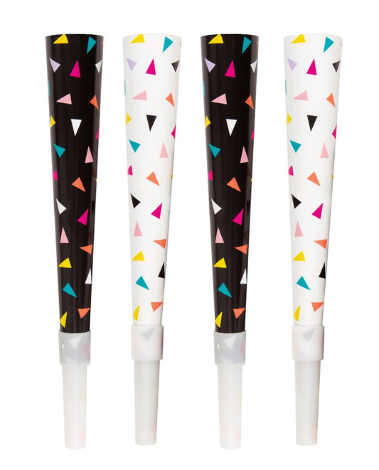 Set of confetti print party horns in black and white with colorful triangular confetti patterns.