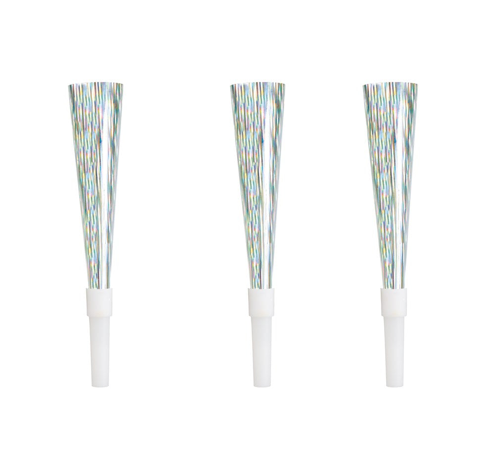 Set of six prismatic party horns with shiny, multicolored foil fringes and white plastic mouthpieces.