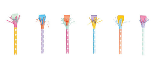 Set of six colorful long stem blowouts with bright fringe tops in yellow, purple, pink, blue, orange, and turquoise designs.