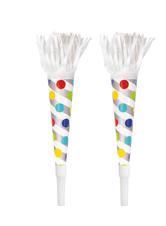 Two white party horns with colorful large polka dots and white foil fringe tops.