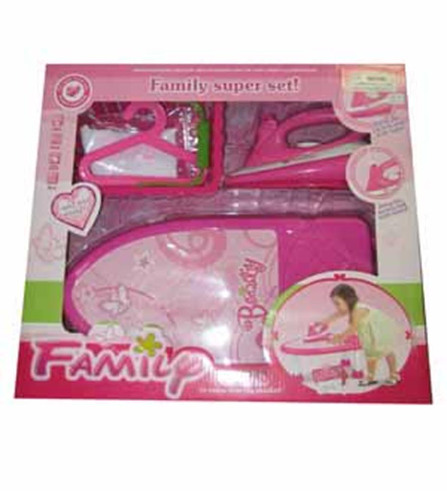 Pink plastic toy iron with matching ironing board and hanger in a boxed family play set.