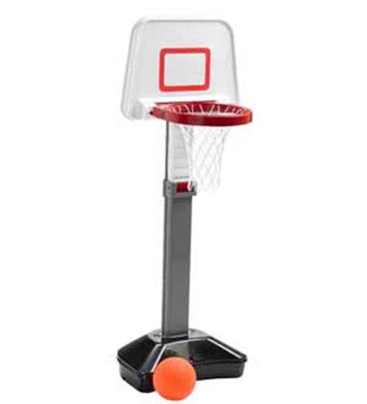 Adjustable black and gray plastic basketball hoop with red rim, white net, and orange basketball.