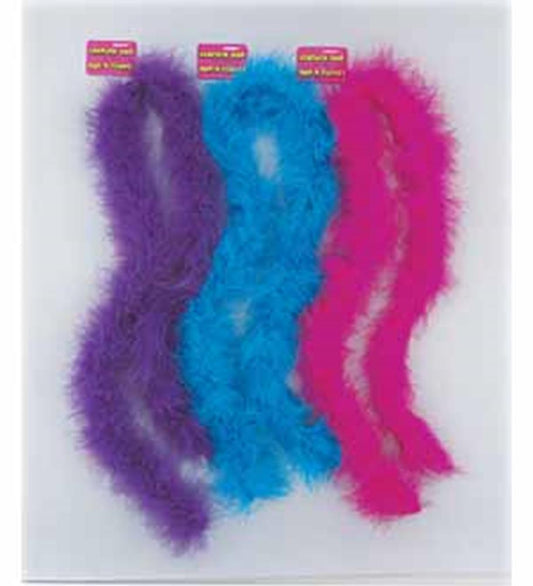 Three feather boas in purple, bright blue, and hot pink, fluffy and long with soft texture.