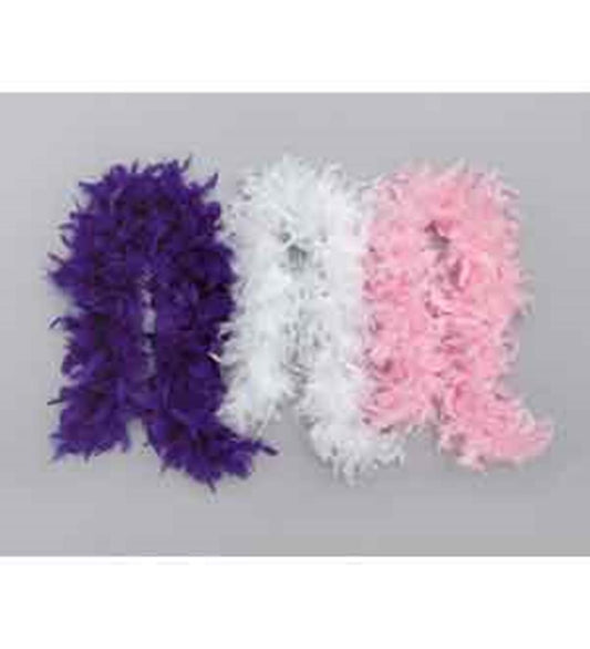 Three feather boas in purple, white, and pink, each fluffy and soft with lightweight feathers.