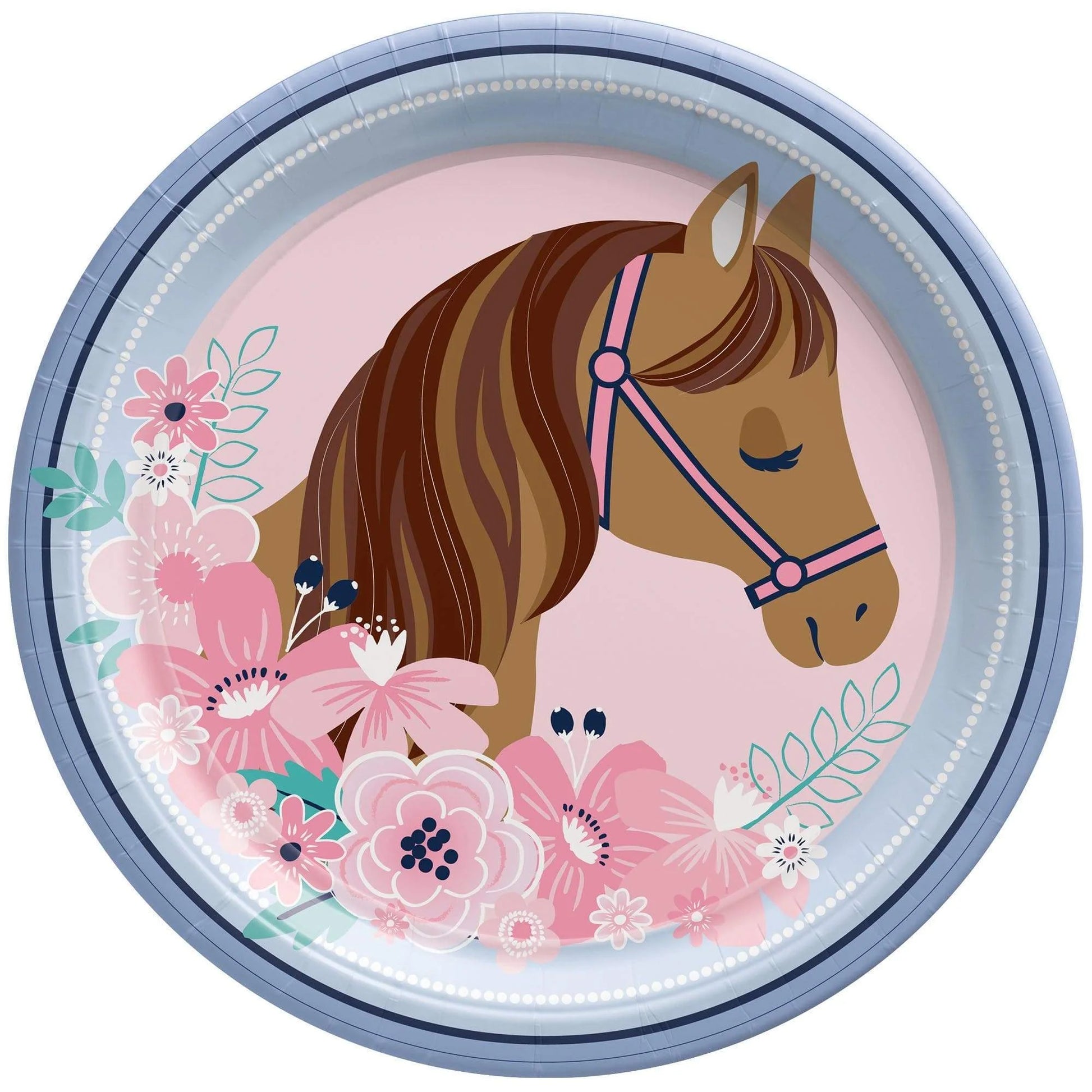Round 9-inch paper plate with brown horse head, pink bridle, and surrounding pink flowers on blue background.