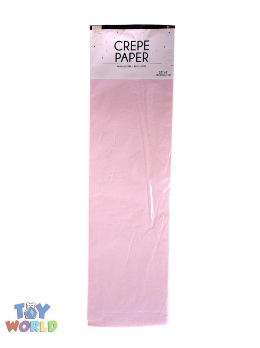 Baby pink crepe paper sheet, rectangular, smooth textured, packaged flat with label at top.