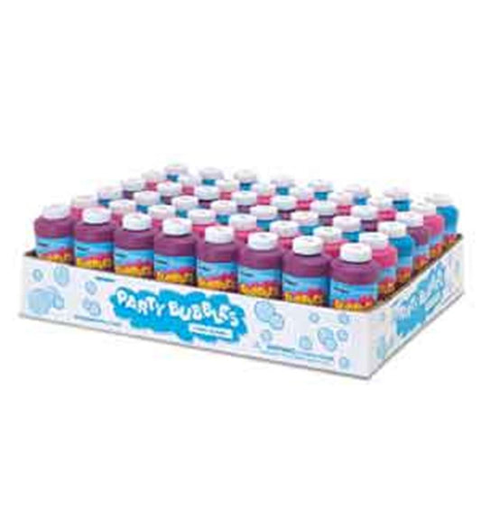 Clear plastic 8oz bubble bottles with white caps and colorful labels in a white tray labeled Party Bubbles.